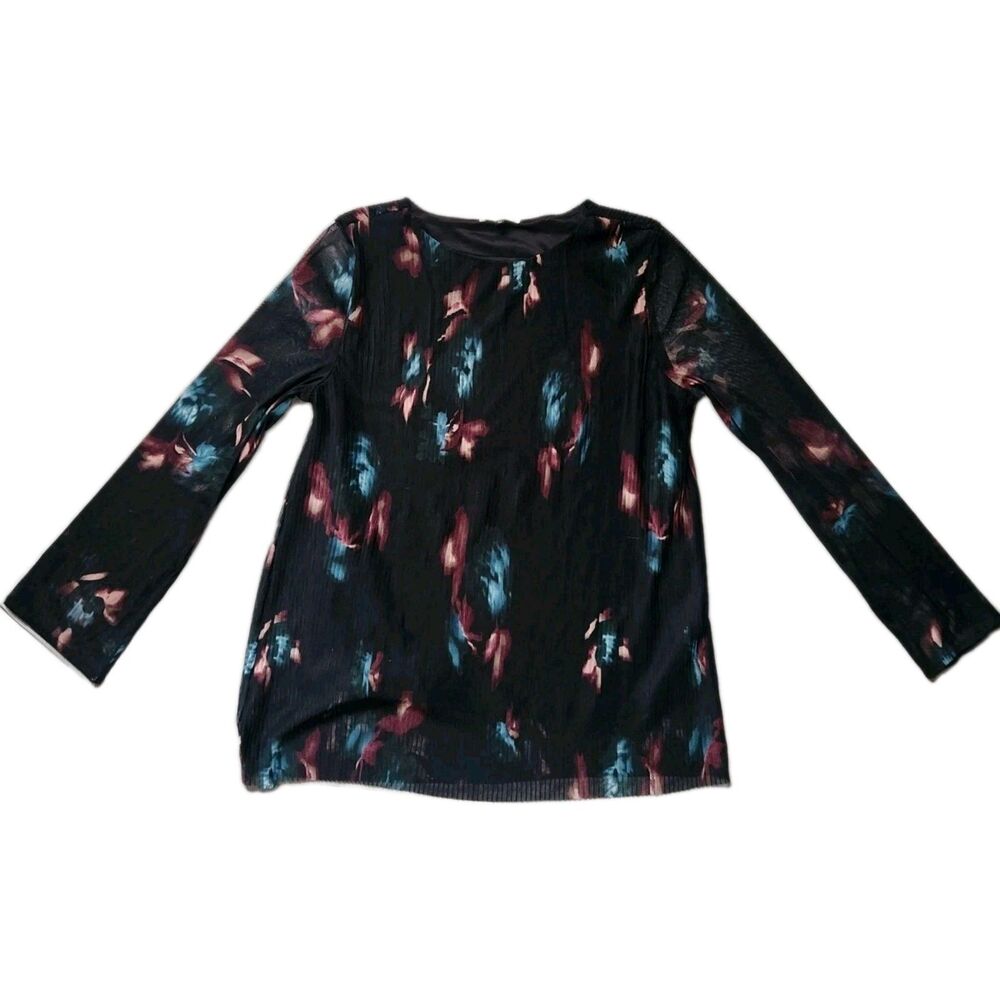 Fairhope Sheer Floral Blouse Black Long Sleeve Lightweight Top Women’s M EUC